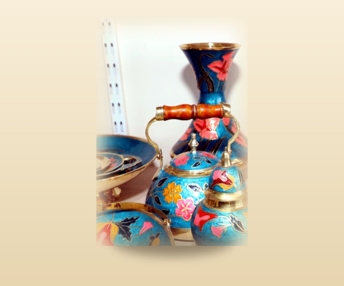 Hand-painted enamel brass vase and kettle set from Jaipur, Rajasthan